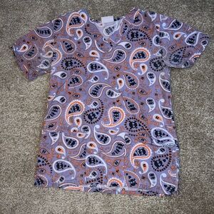 Uniform Advantage Purple Black & Orange Skull Paisley Women’s Scrub Top small